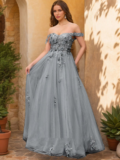 Robe de Bal Décolleté Épaules Dénudées Manches Courtes Appliques Robes de Bal