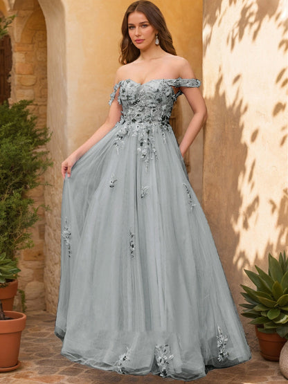Robe de Bal Décolleté Épaules Dénudées Manches Courtes Appliques Robes de Bal