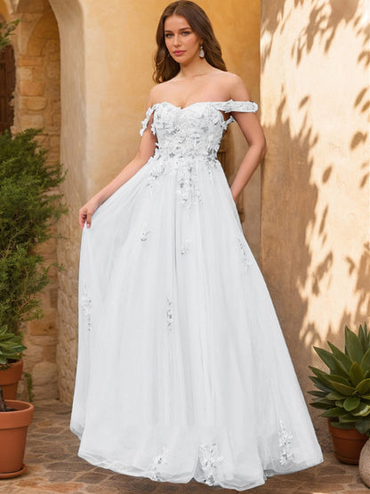 Robe de Bal Décolleté Épaules Dénudées Manches Courtes Appliques Robes de Bal