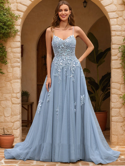 Robe de Bal Trapèze/Princesse Sans Manches, Col en V avec Appliques