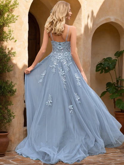 Robe de Bal Trapèze/Princesse Sans Manches, Col en V avec Appliques