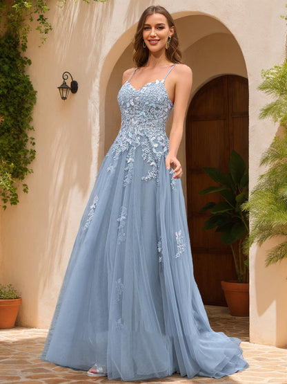 Robe de Bal Trapèze/Princesse Sans Manches, Col en V avec Appliques