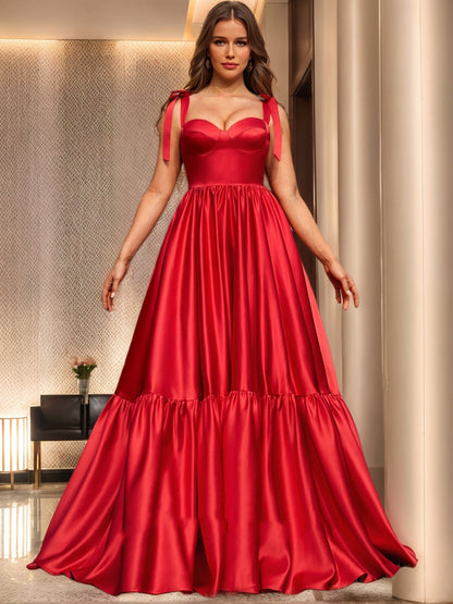 Robe de Bal à Volants et Décolleté en Cœur, Sans Manches