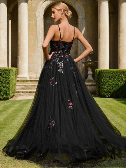 Robe de Bal à Bretelles Spaghetti Sans Manches et Paillettes