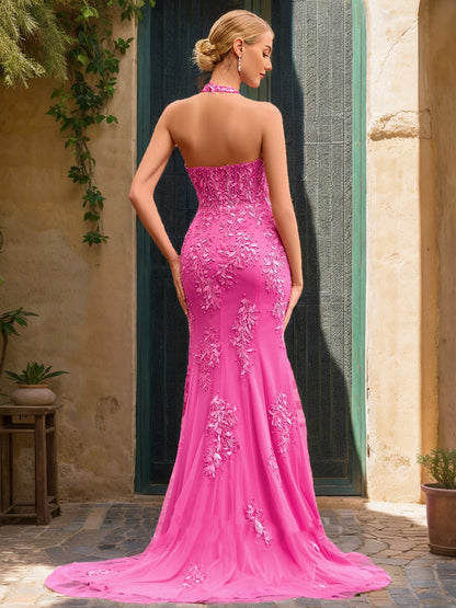 Robe de Bal Sirène/Trompette Sans Manches, Dos Nu, Fendue Sur le Côté