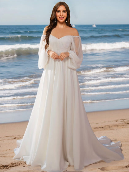 Robes de Mariée Trapèze/Princesse à Épaules Dénudées et Manches Longues Froncées