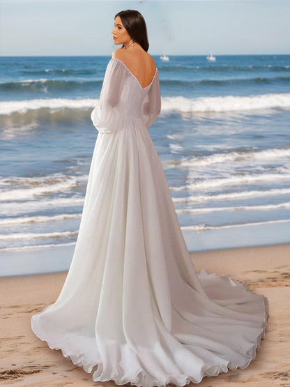 Robes de Mariée Trapèze/Princesse à Épaules Dénudées et Manches Longues Froncées