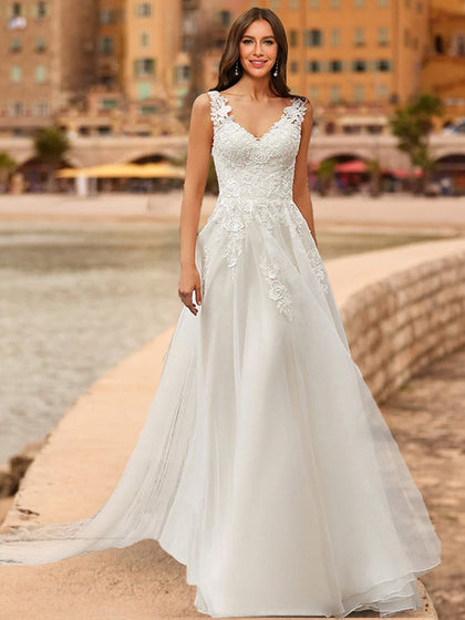 Robes de Mariée en Dentelle Sans Manches, Coupe A-Line/Princesse, Col en V