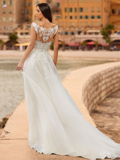 Robes de Mariée en Dentelle Sans Manches, Coupe A-Line/Princesse, Col en V