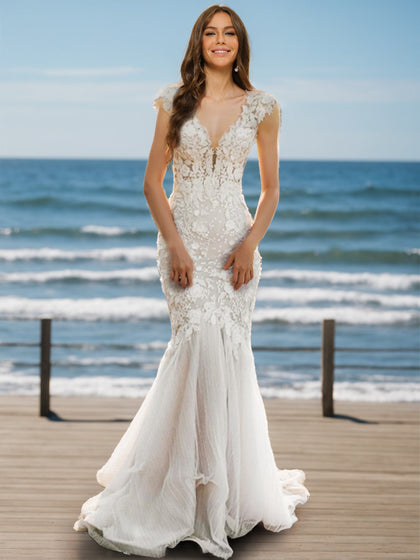 Robes de Mariée Sirène/Trompette à Col en V Sans Manches avec Appliques