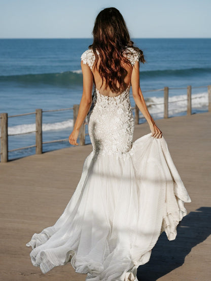Robes de Mariée Sirène/Trompette à Col en V Sans Manches avec Appliques