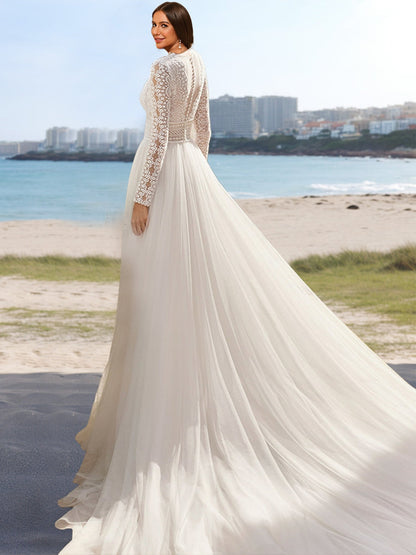 Robes de Mariée en Dentelle, Coupe A-Line/Princesse, Col en V, Manches Longues