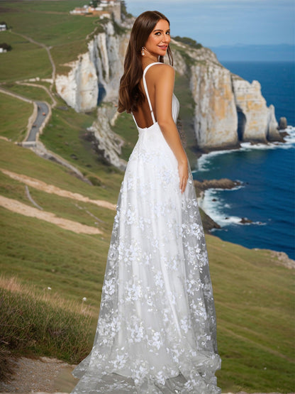 Robe de Mariée Trapèze/Princesse Sans Manches, Col en V et Fente Latérale