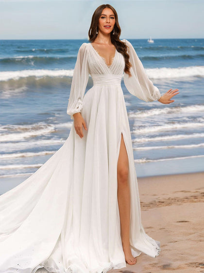 Robe de Mariée Trapèze/Princesse à Col en V et Manches Longues avec Fente Latérale