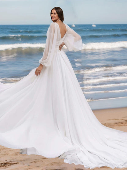 Robe de Mariée Trapèze/Princesse à Col en V et Manches Longues avec Fente Latérale