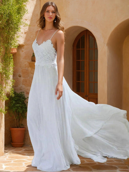 Robes de Mariée en Dentelle Sans Manches, Coupe A-Line/Princesse, Col en V