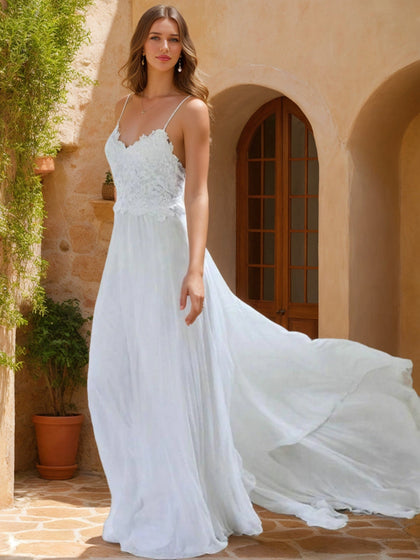 Robes de Mariée en Dentelle Sans Manches, Coupe A-Line/Princesse, Col en V