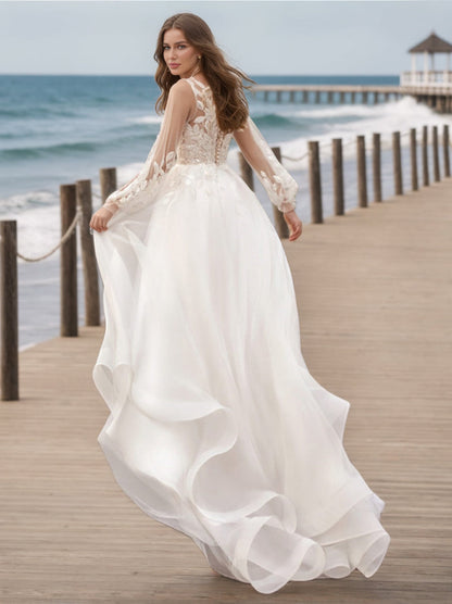 Robe de Mariée en Dentelle à Manches Longues et Col en V