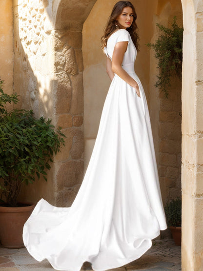 Robe de Mariée Trapèze/Princesse Sans Manches, Col en V et Fente Latérale