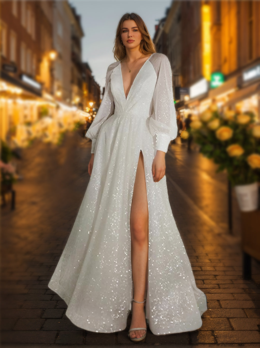 Robe de Mariée Trapèze/Princesse à Col en V et Manches Longues avec Fente Latérale