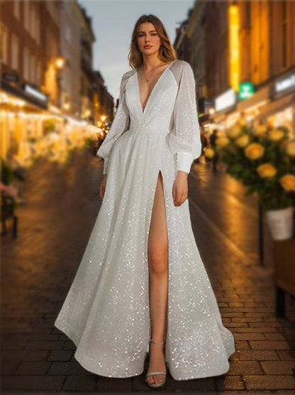 Robe de Mariée Trapèze/Princesse à Col en V et Manches Longues avec Fente Latérale