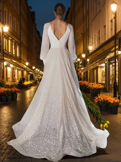 Robe de Mariée Trapèze/Princesse à Col en V et Manches Longues avec Fente Latérale