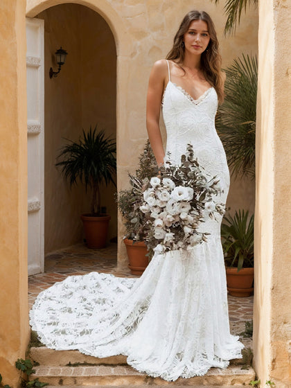 Robes de Mariée Sirène/Trompette à Col en V, Sans Manches, en Dentelle Froncée