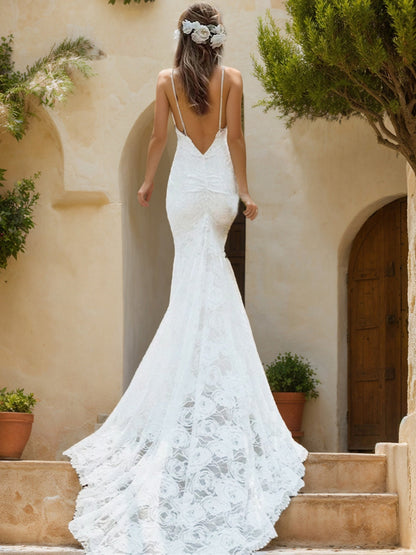 Robes de Mariée Sirène/Trompette à Col en V, Sans Manches, en Dentelle Froncée