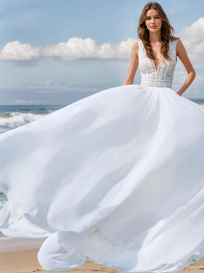 Robes de Mariée en Dentelle Sans Manches, Coupe A-Line/Princesse, Col en V