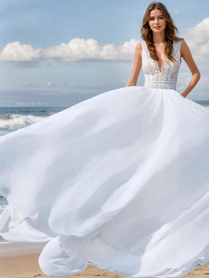 Robes de Mariée en Dentelle Sans Manches, Coupe A-Line/Princesse, Col en V