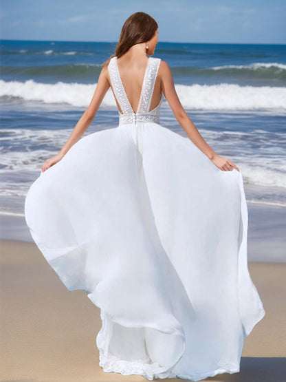 Robes de Mariée en Dentelle Sans Manches, Coupe A-Line/Princesse, Col en V