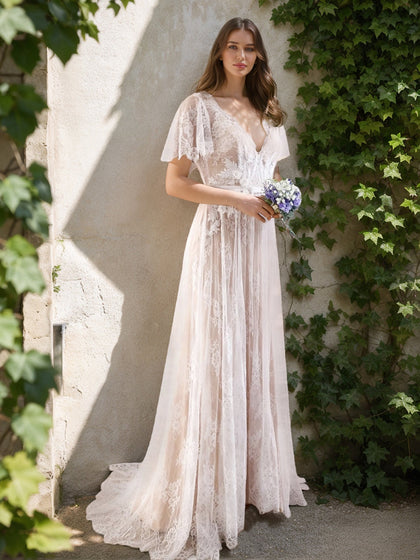 Robes de Mariée Trapèze/Princesse à Col en V et Manches Courtes Froncées