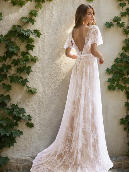 Robes de Mariée Trapèze/Princesse à Col en V et Manches Courtes Froncées