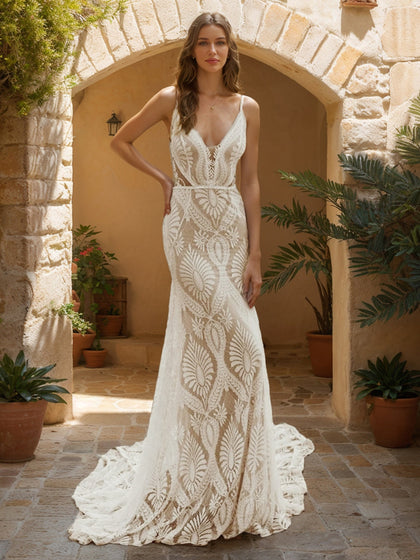 Robes de Mariée Trompette/Sirène à Col en V Sans Manches et Froncées