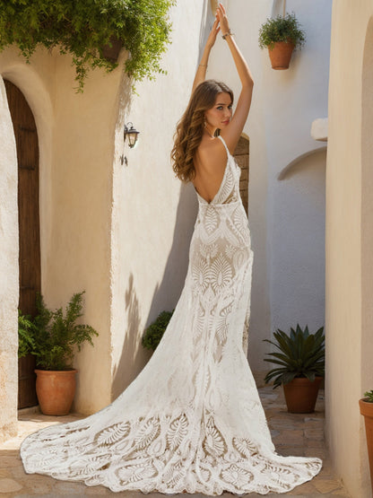 Robes de Mariée Trompette/Sirène à Col en V Sans Manches et Froncées