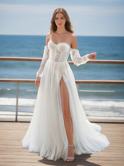 Robe de Mariée Trapèze/Princesse Sans Bretelles, Manches Longues et Fentes Latérales