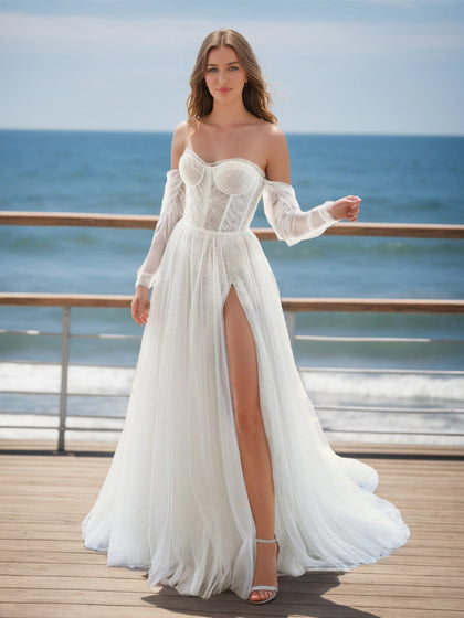Robe de Mariée Trapèze/Princesse Sans Bretelles, Manches Longues et Fentes Latérales