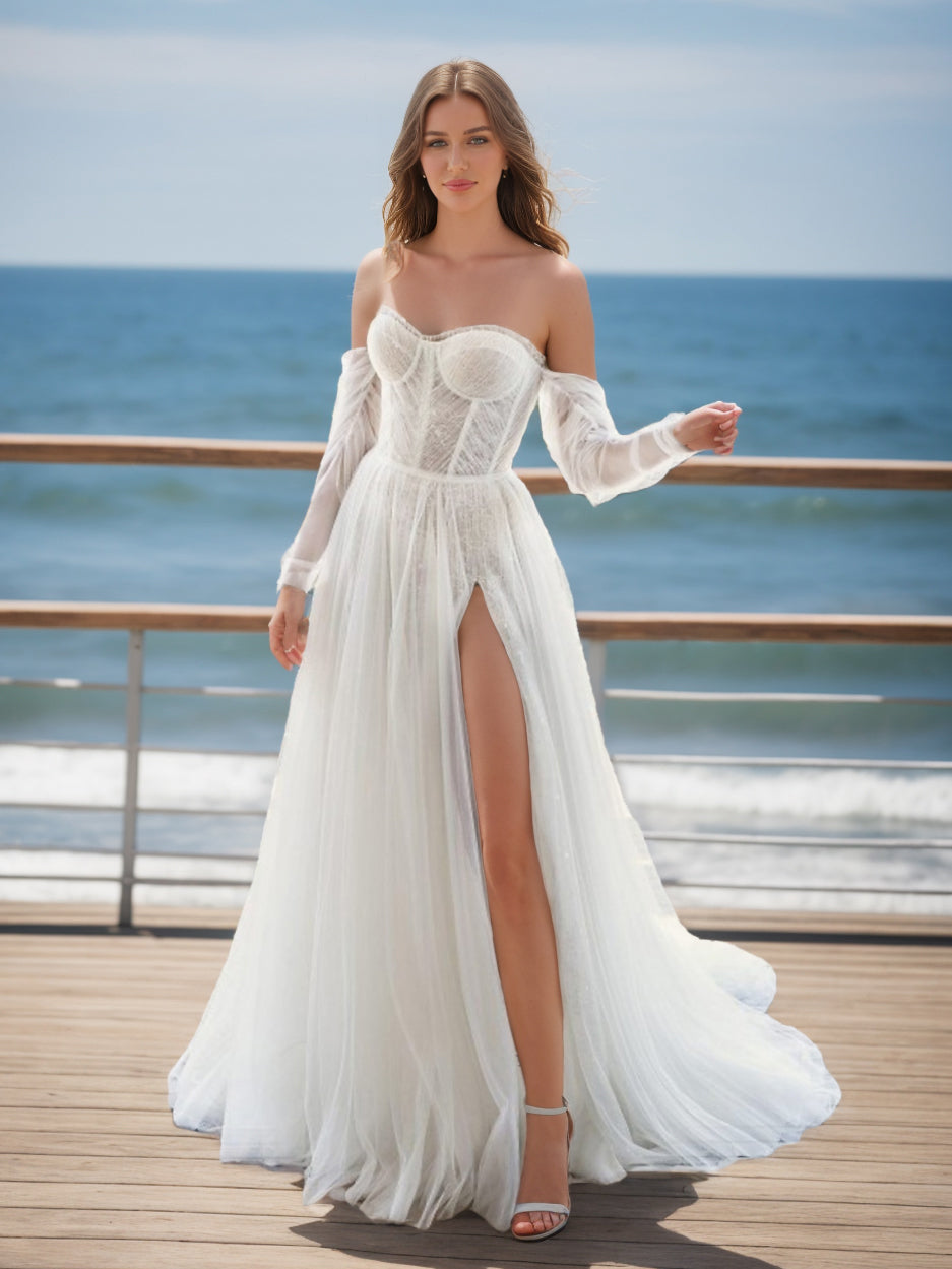 Robe de Mariée Trapèze/Princesse Sans Bretelles, Manches Longues et Fentes Latérales