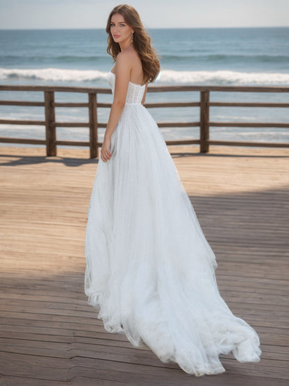 Robe de Mariée Trapèze/Princesse Sans Bretelles, Manches Longues et Fentes Latérales
