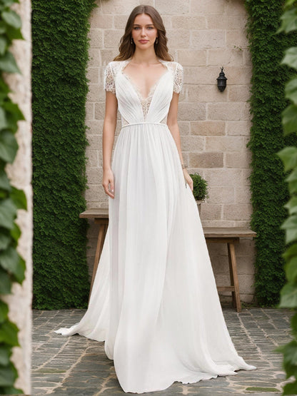 Robes de Mariée en Dentelle, Coupe A-Line/Princesse, Col en V, Manches Courtes