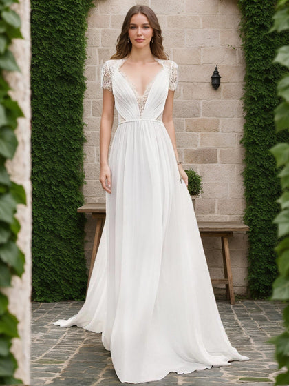 Robes de Mariée en Dentelle, Coupe A-Line/Princesse, Col en V, Manches Courtes