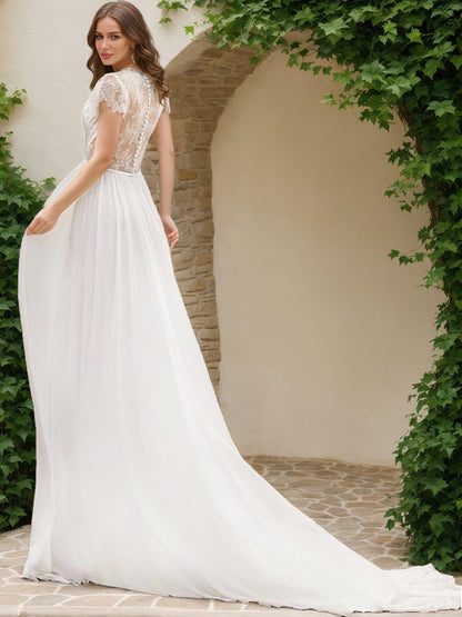 Robes de Mariée en Dentelle, Coupe A-Line/Princesse, Col en V, Manches Courtes