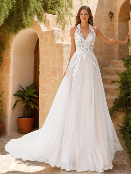 Robes de Mariée en Dentelle Sans Manches, Coupe A-Line/Princesse, Dos Nu