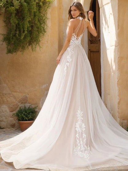 Robes de Mariée en Dentelle Sans Manches, Coupe A-Line/Princesse, Dos Nu
