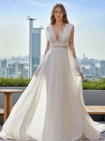 Robe de Mariée Trapèze/Princesse en Dentelle, Décolleté en V Plongeant, Manches Longues