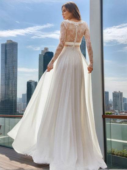 Robe de Mariée Trapèze/Princesse en Dentelle, Décolleté en V Plongeant, Manches Longues