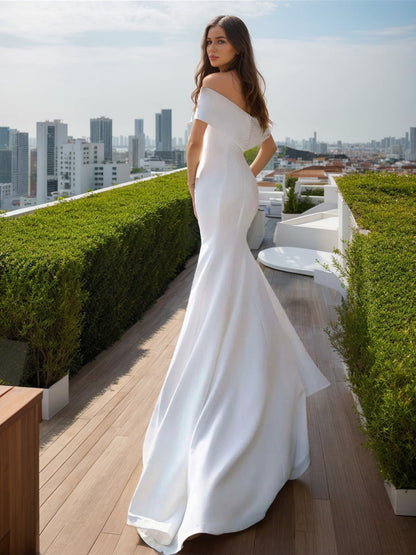 Robes de Mariée Trompette/Sirène Sans Bretelles, Manches Courtes et Froncées