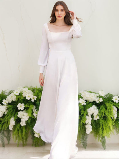 Robes de Mariée Trapèze/Princesse à Col Carré et Manches Longues Froncées