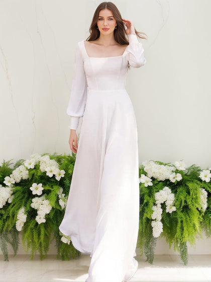 Robes de Mariée Trapèze/Princesse à Col Carré et Manches Longues Froncées