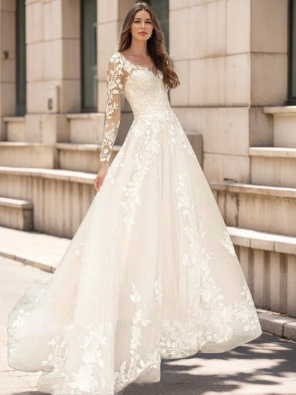 Robes de Mariée en Dentelle, Coupe A-Line/Princesse, Col en V, Manches Longues